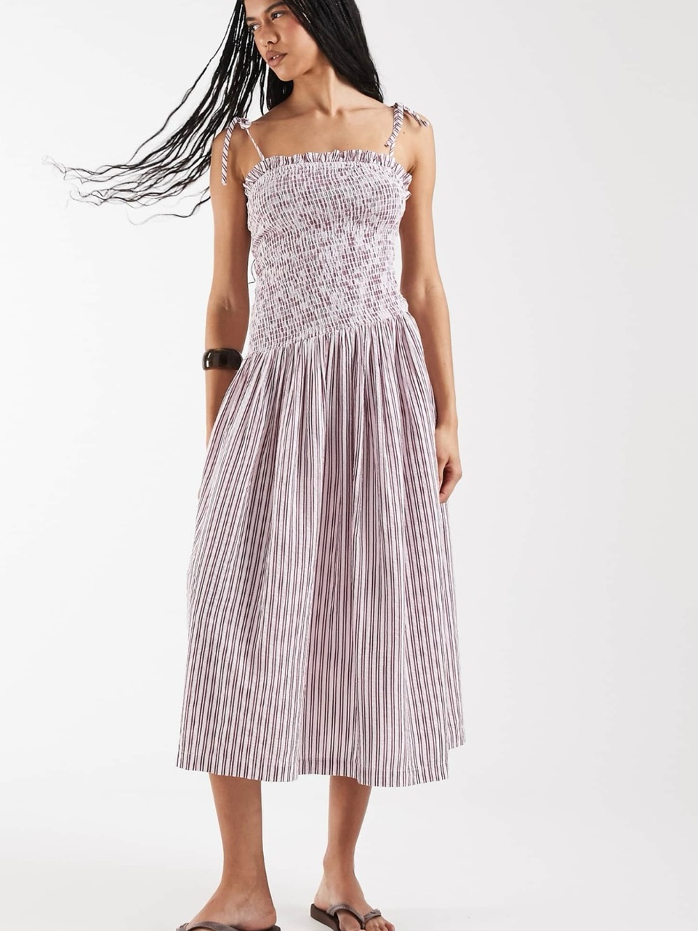 Reclaimed Vintage Midi Sundress in Burgundy and Cream Stripe